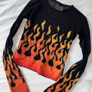 Mesh Black and Orange Flame Long Sleeve Top